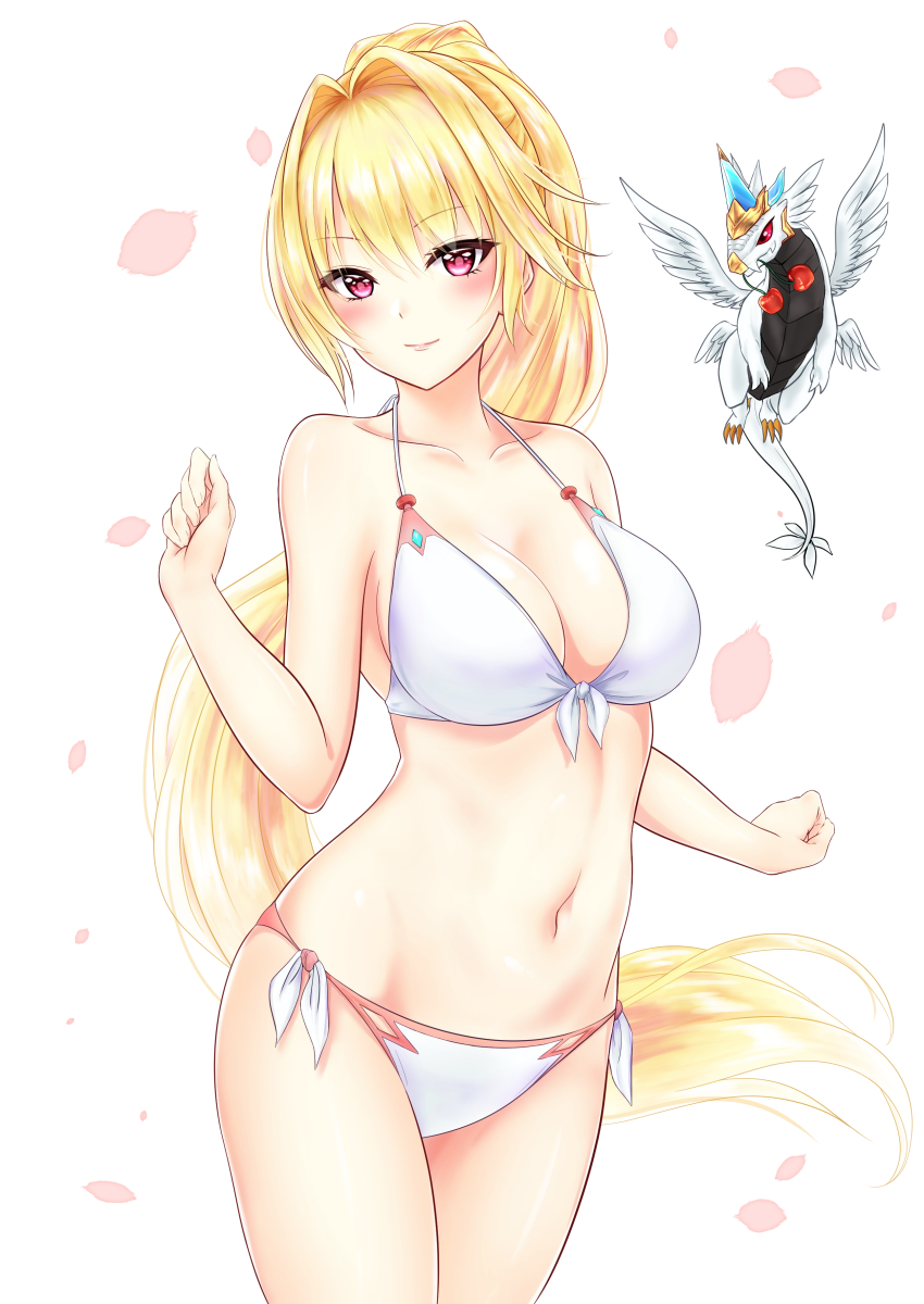 1girl, absurdres, bare_arms, bare_shoulders, bikini, blonde_hair, blush, collarbone