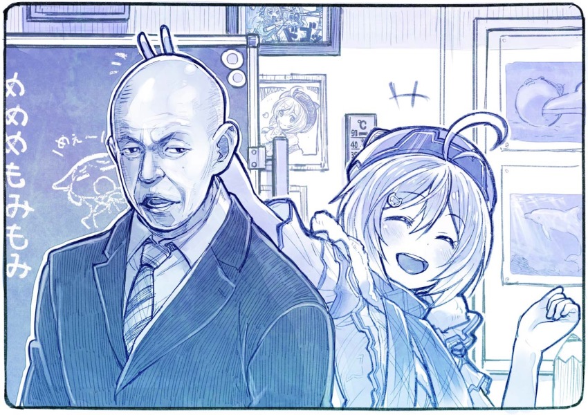 .live, 1boy, 1girl, ahoge, antenna_hair, bald, blue_theme, blush