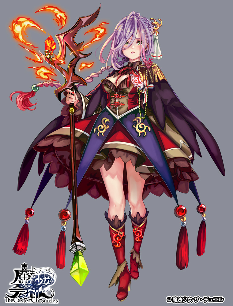 1girl, beads, bell, boots, braid, breasts, cape, cleavage