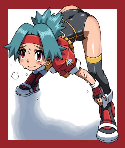 00s, 1girl, ass, bad_id, bad_pixiv_id, bent_over, blue_hair, brown_eyes, female_focus, hun_(uyonis), leotard, lowres, nintendo, pokemon, pokemon_ranger_(series), pokemon_ranger_1, shoes, sneakers, solana_(pokemon), solo, sweat, thighhighs