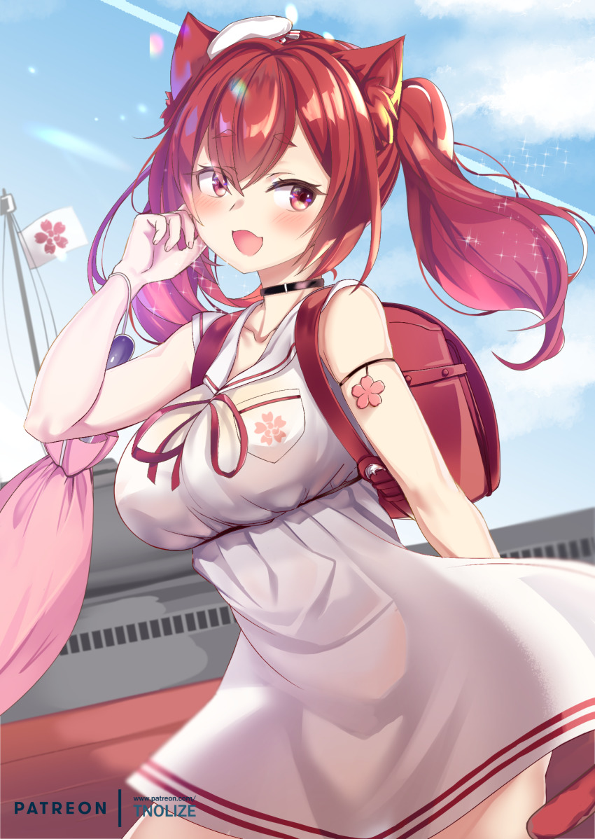 1girl, animal_ears, arm_behind_back, arm_up, armband, artist_name, azur_lane, backpack