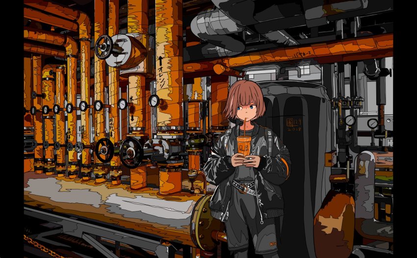 1girl, belt, black_jacket, blue_eyes, brown_hair, chain, cup, dated