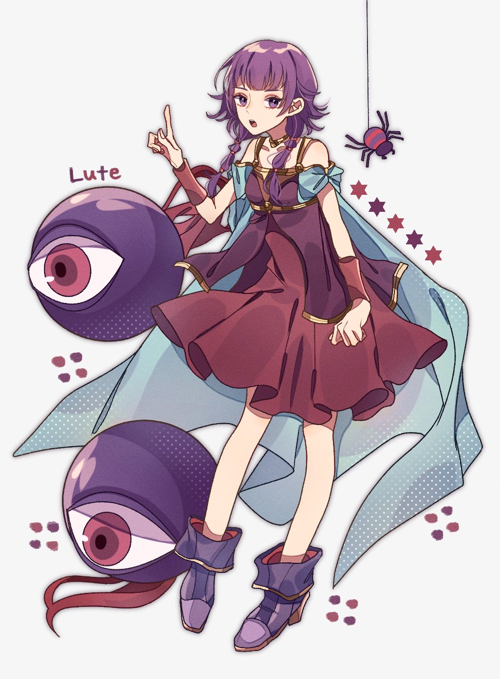 1girl, bug, cape, character_name, dress, fire_emblem, fire_emblem:_the_sacred_stones, full_body, highres, lute_(fire_emblem), mogall, monster, nintendo, open_mouth, purple_eyes, purple_hair, rutata, shoes, simple_background, sleeveless, sleeveless_dress, spider, white_background