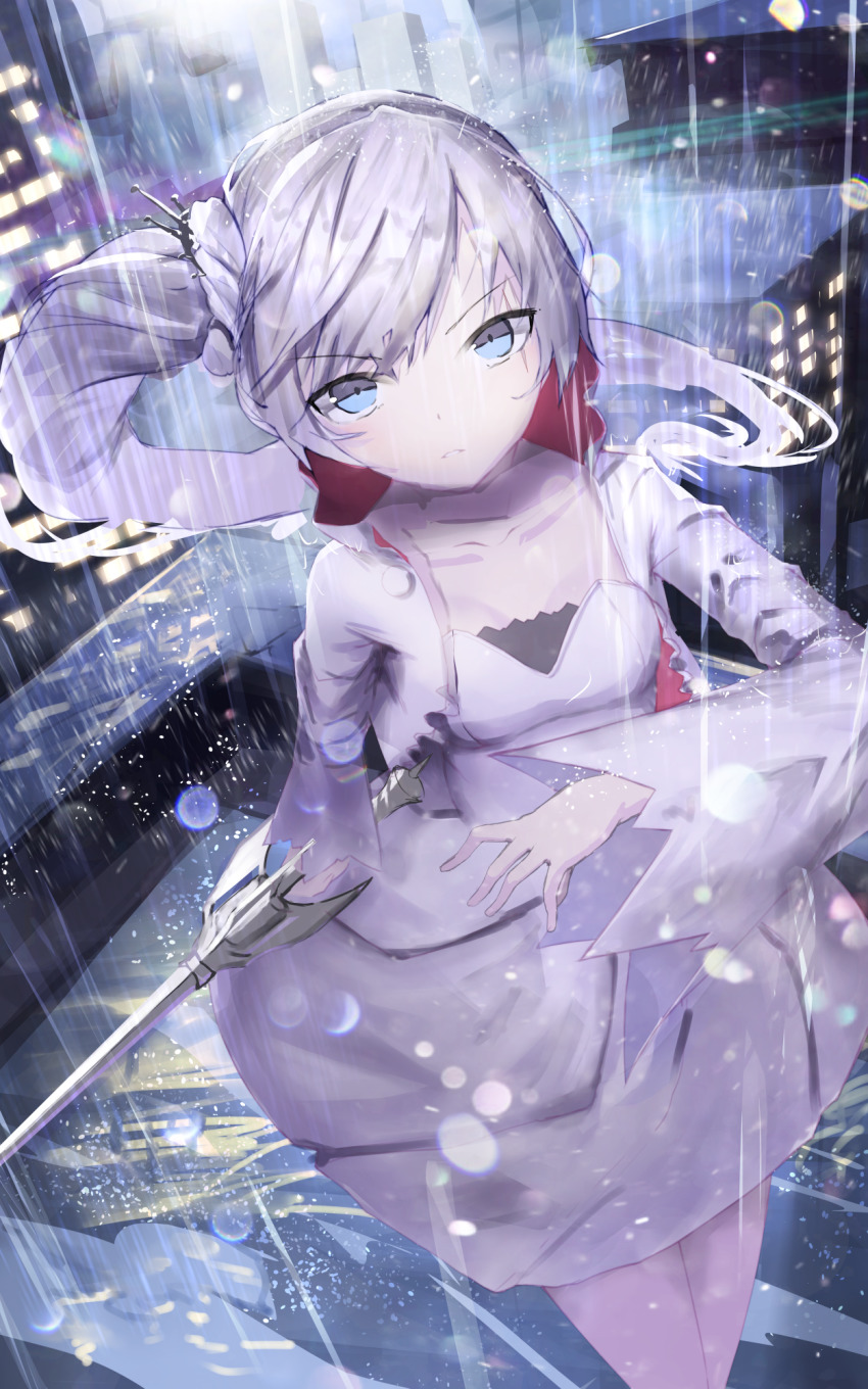 1girl, areks, blue_eyes, female_focus, highres, long_hair, md5_mismatch, rain, resolution_mismatch, rwby, scar, scar_across_eye, scar_on_face, side_ponytail, solo, source_smaller, weiss_schnee, white_hair