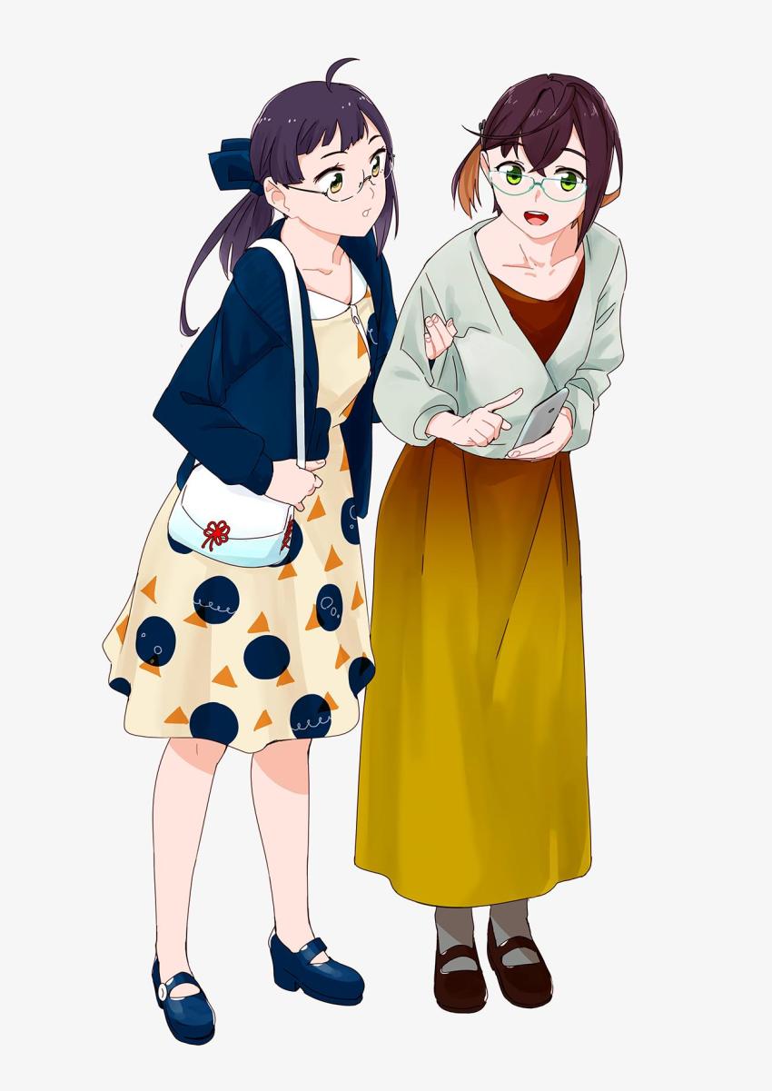 2girls, bad_id, bad_twitter_id, bag, bespectacled, black_hair, blazer, blue-framed_eyewear