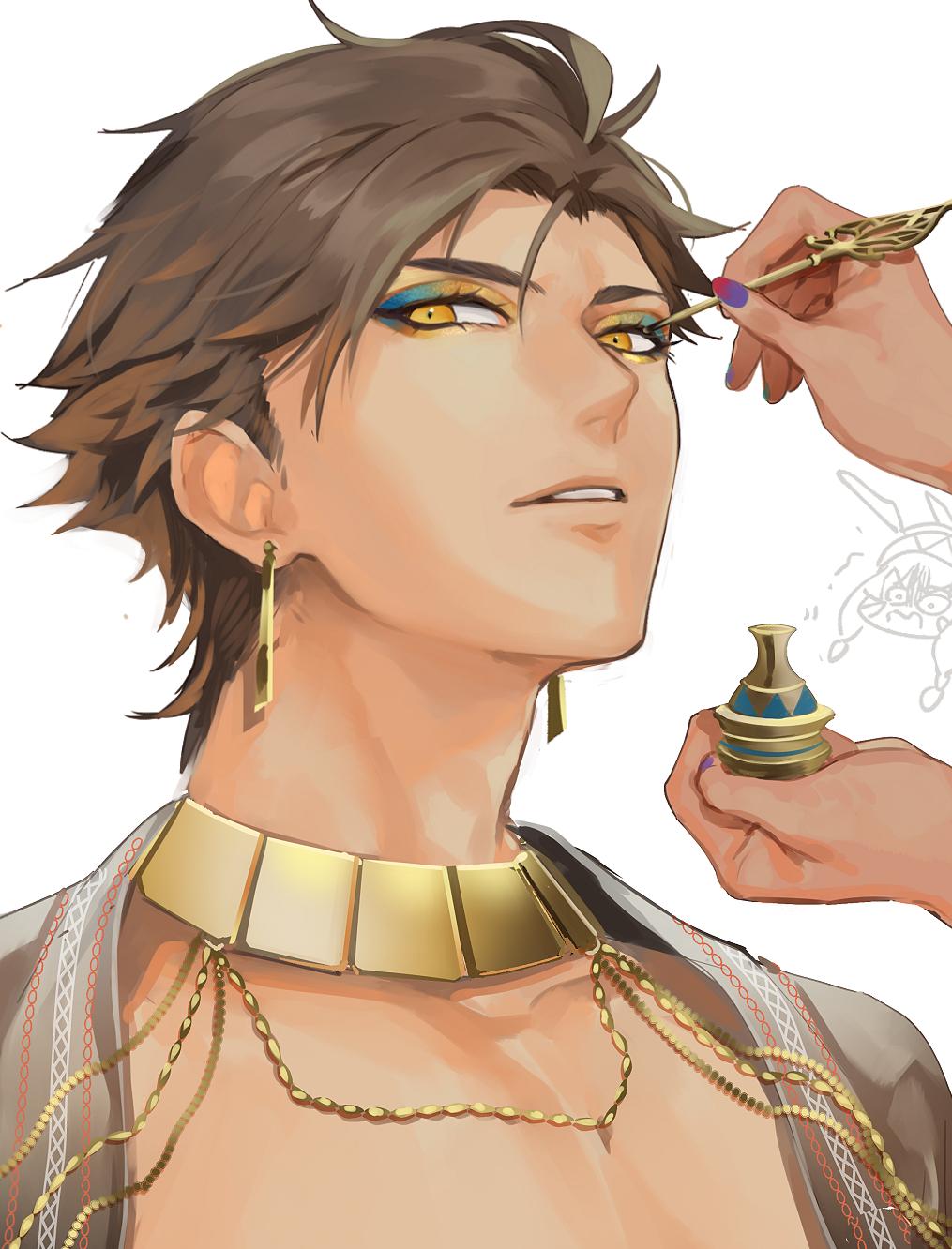 1boy, ancient_egyptian_clothes, applying_makeup, bishounen, brown_hair, doodle, earrings, eyeliner