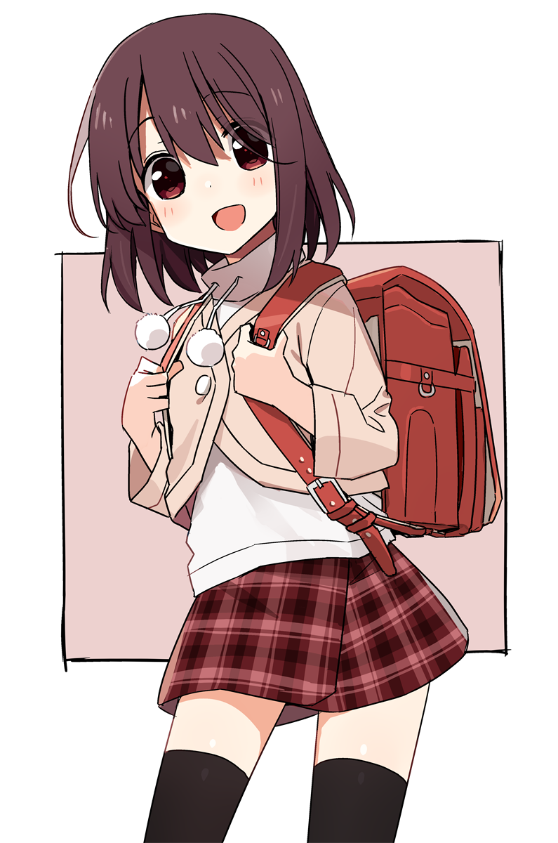 1girl, :d, backpack, bag, black_thighhighs, brown_eyes, brown_hair, female_focus
