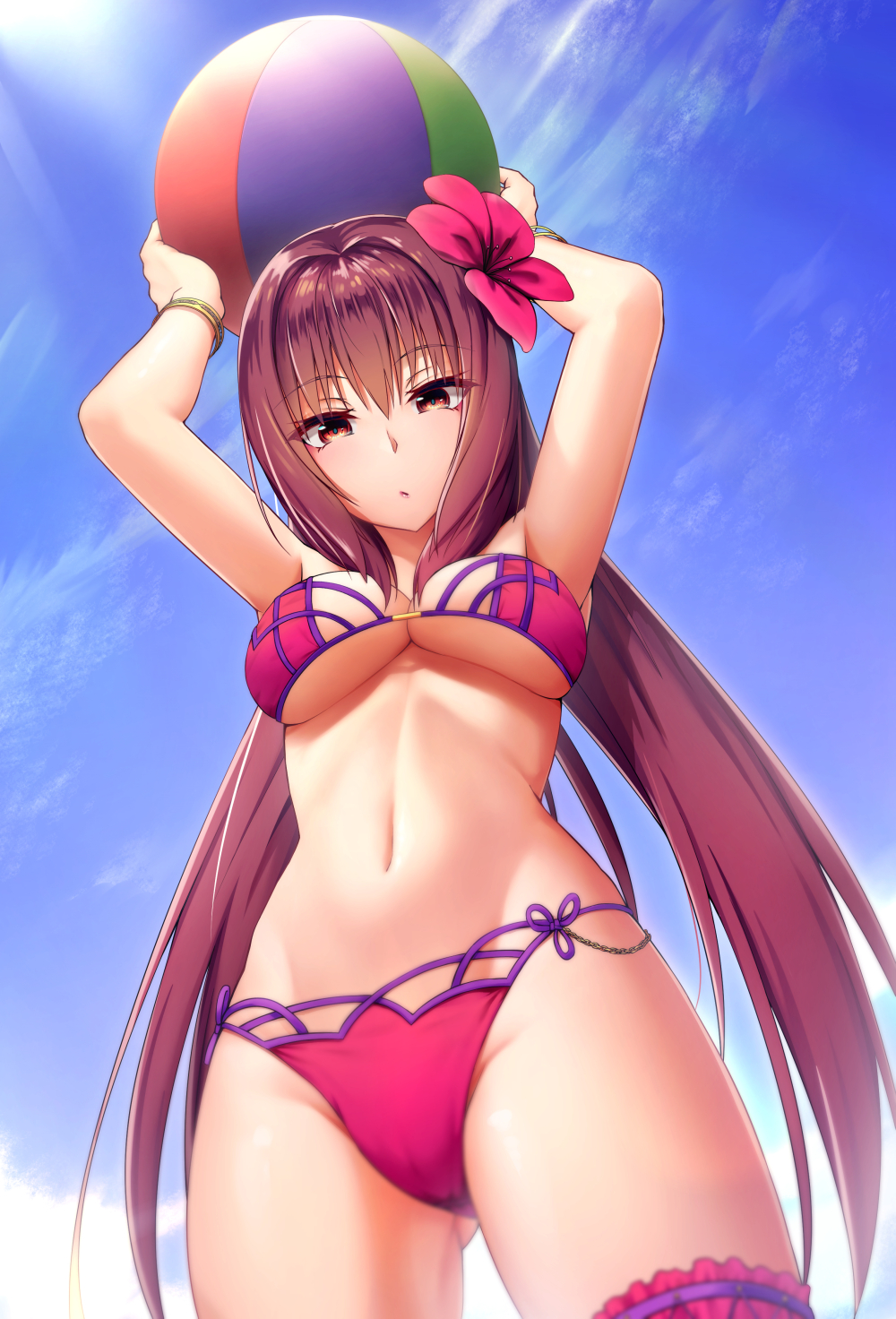 1girl, arms_up, ball, beachball, bikini, blue_sky, blurry, blush