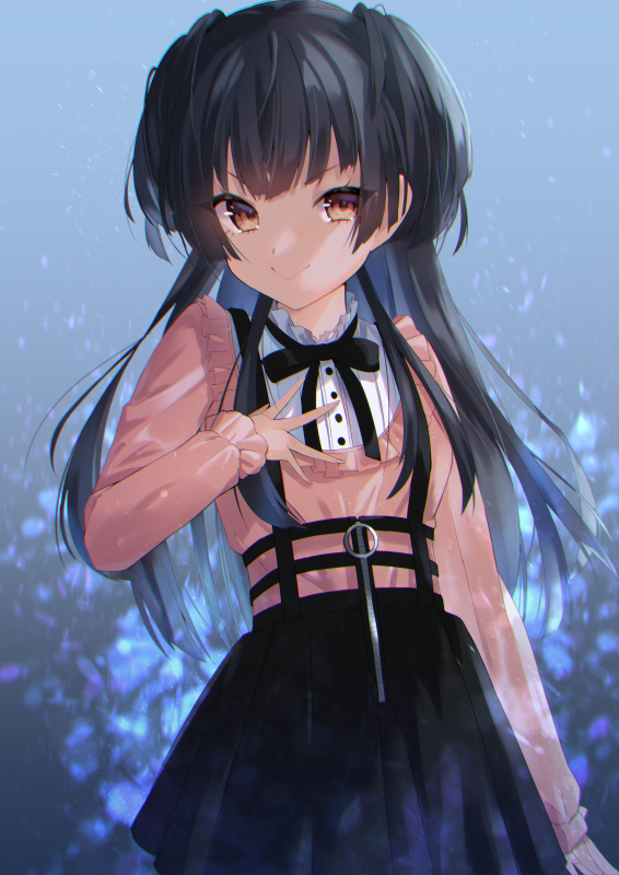 1girl, black_hair, black_skirt, blue_background, blunt_bangs, blush, bow, breasts