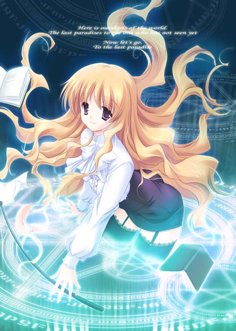 00s, 1girl, blonde_hair, female_focus, garter_straps, katase_nano, katasena, lilith_(yamibou), long_hair, looking_at_viewer, pencil_skirt, skirt, smile, solo, thighhighs, very_long_hair, yami_to_boushi_to_hon_no_tabibito, zettai_ryouiki