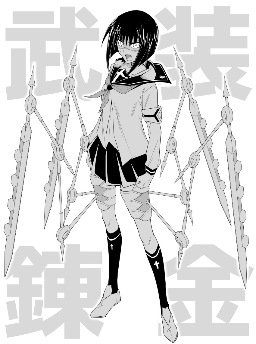 1girl, absurdres, armband, blade, busou_renkin, copyright_name, female_focus, greyscale, halcon, highres, kneehighs, monochrome, pleated_skirt, sailor_collar, scar, scar_on_face, scar_on_nose, school_uniform, short_hair, skirt, socks, solo, thigh_strap, tsumura_tokiko, valkyrie_skirt