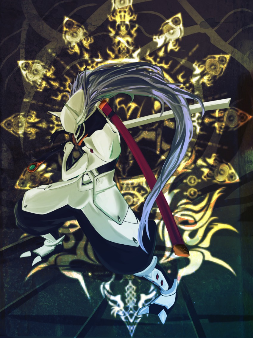 1boy, arc_system_works, armor, bad_id, bad_pixiv_id, blazblue, blazblue:_calamity_trigger, crest, fighting_stance, hako_(pixiv448374), hakumen, highres, katana, long_hair, male_focus, mask, naji_yanagida, ponytail, sheath, solo, sword, very_long_hair, weapon, white_hair