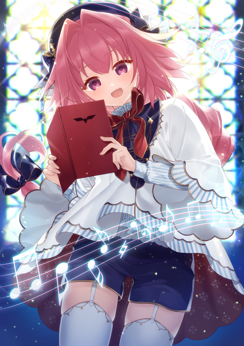 1boy, absurdres, astolfo_(angel_breath)_(fate), astolfo_(fate), black_bow, book, bow, braid, capelet, fang, fate/apocrypha, fate_(series), garter_straps, hair_intakes, hair_ribbon, hat, highres, holding, holding_book, kan'yu_(citron_82), long_braid, long_sleeves, looking_at_viewer, male_focus, multicolored_hair, musical_note, official_alternate_costume, open_book, open_mouth, pink_hair, purple_eyes, red_ribbon, ribbon, shirt, shorts, single_braid, skin_fang, smile, solo, streaked_hair, striped_clothes, striped_shirt, thighhighs, trap, white_thighhighs, wide_sleeves