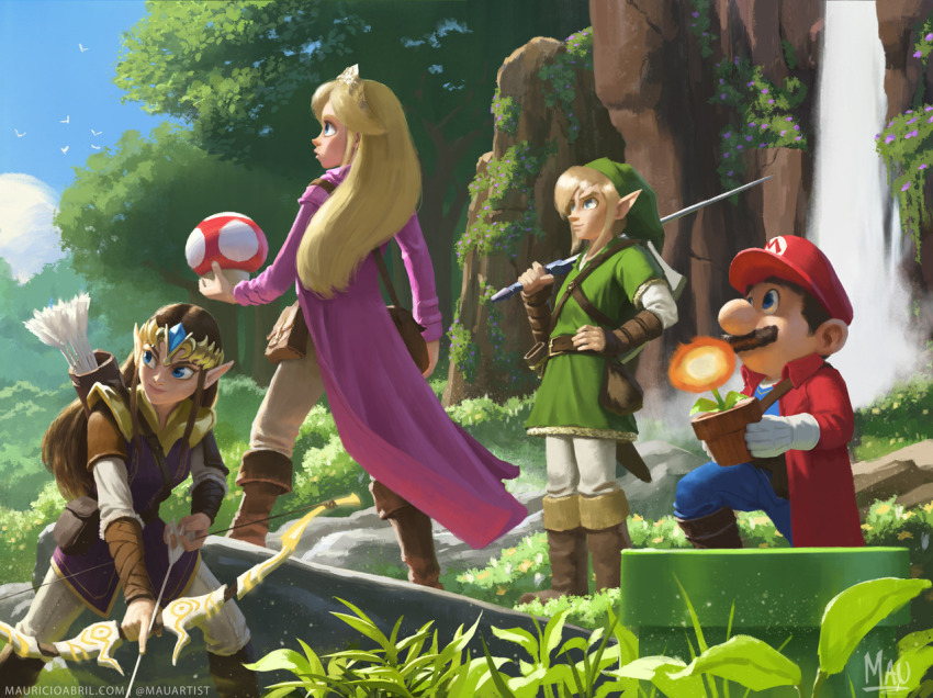 2boys, 2girls, arrow_(projectile), bag, bird, blonde_hair, blue_eyes, boots, bow, brown_hair, coat, crossover, facial_hair, fire_flower, flower_pot, fly_agaric, forest, gloves, hand_on_own_hip, link, long_hair, mario, mario_(series), master_sword, mauricio_abril, multiple_boys, multiple_girls, mushroom, mustache, nature, nintendo, outdoors, overalls, pink_coat, plant, pointy_ears, potted_plant, power-up, princess_peach, princess_zelda, quiver, red_coat, red_headwear, red_mushroom, shield, short_hair, sword, the_legend_of_zelda, tiara, tree, tunic, water, waterfall, weapon, white_gloves