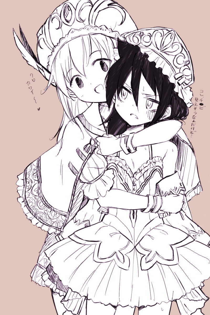 2girls, arms_around_neck, atelier_(series), atelier_rorona, atelier_totori, bare_shoulders, bracelet, capelet