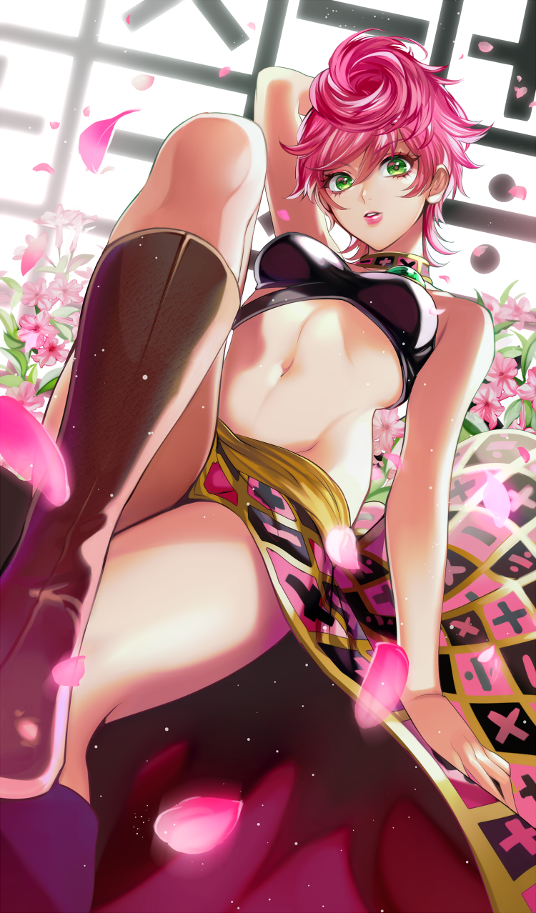 1girl, arm_behind_head, arm_up, bandeau, bare_arms, bare_shoulders, black_skirt, boots