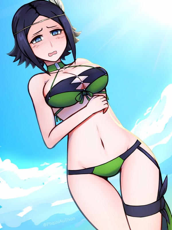 1girl, bikini, black_bikini, black_hair, blue_eyes, blush, breasts, choker