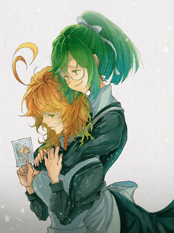 2girls, ahoge, apron, bow, braid, emma_(yakusoku_no_neverland), gilda_(yakusoku_no_neverland), glasses