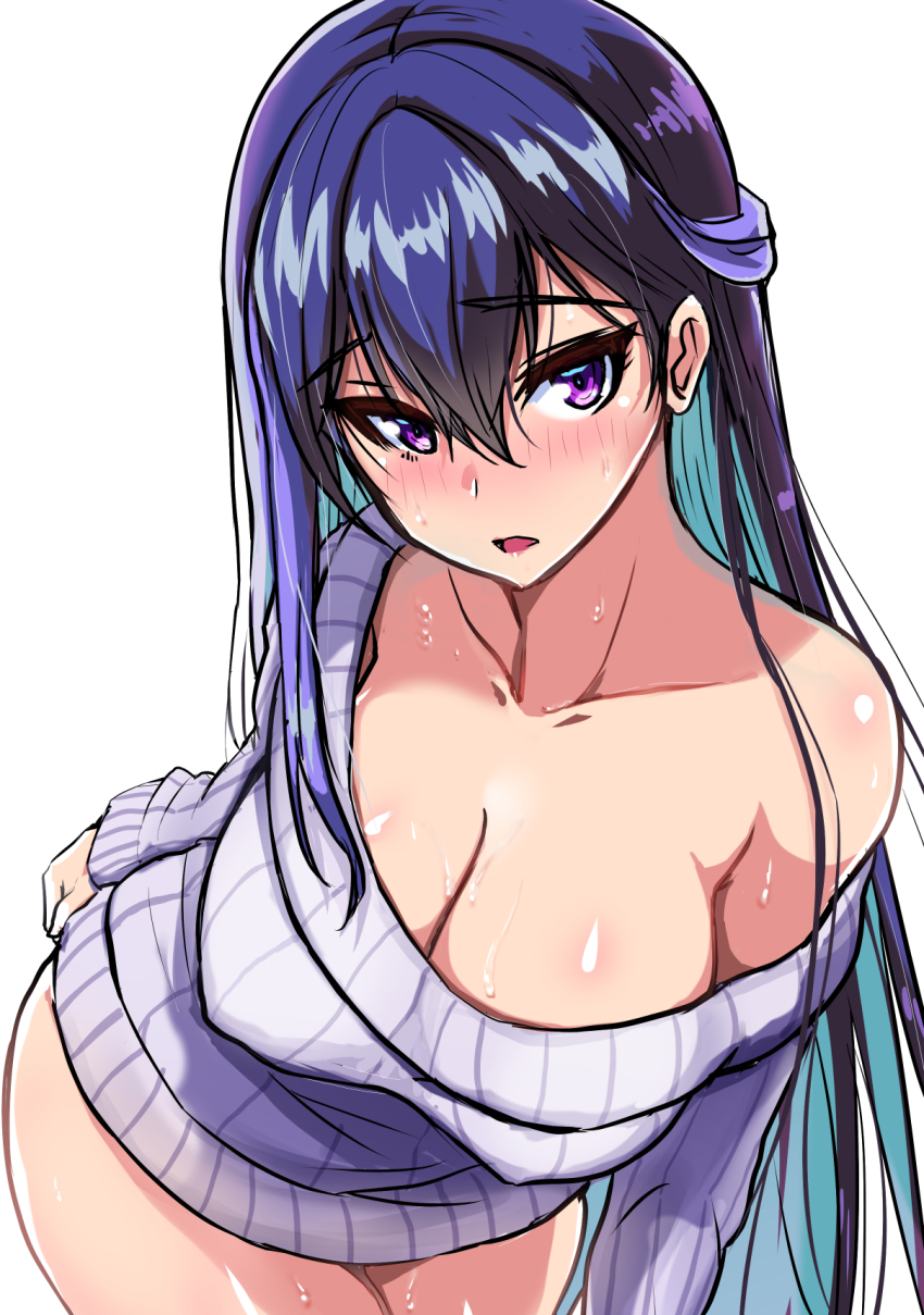 1girl, bazooka_cat, black_hair, blush, breasts, cleavage, collarbone, cowboy_shot, dress, earrings, female_focus, forcas, hair_ornament, highres, jewelry, large_breasts, long_hair, long_sleeves, looking_at_viewer, multicolored_hair, naked_sweater, off_shoulder, open_mouth, phantom_of_the_kill, purple_eyes, ribbed_dress, ribbed_sweater, solo, sweater, sweater_dress, two-tone_hair