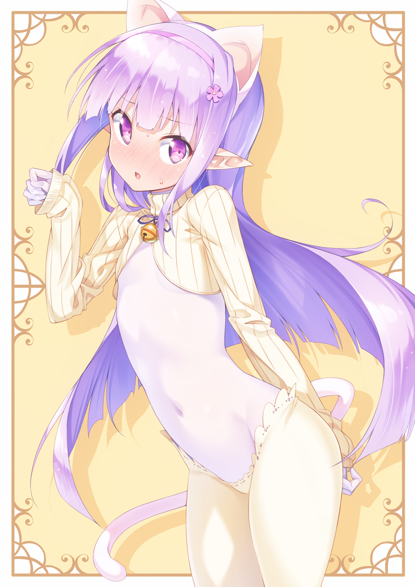 1girl, animal_ears, bell, blush, cat_ears, cat_tail, covered_navel, elf