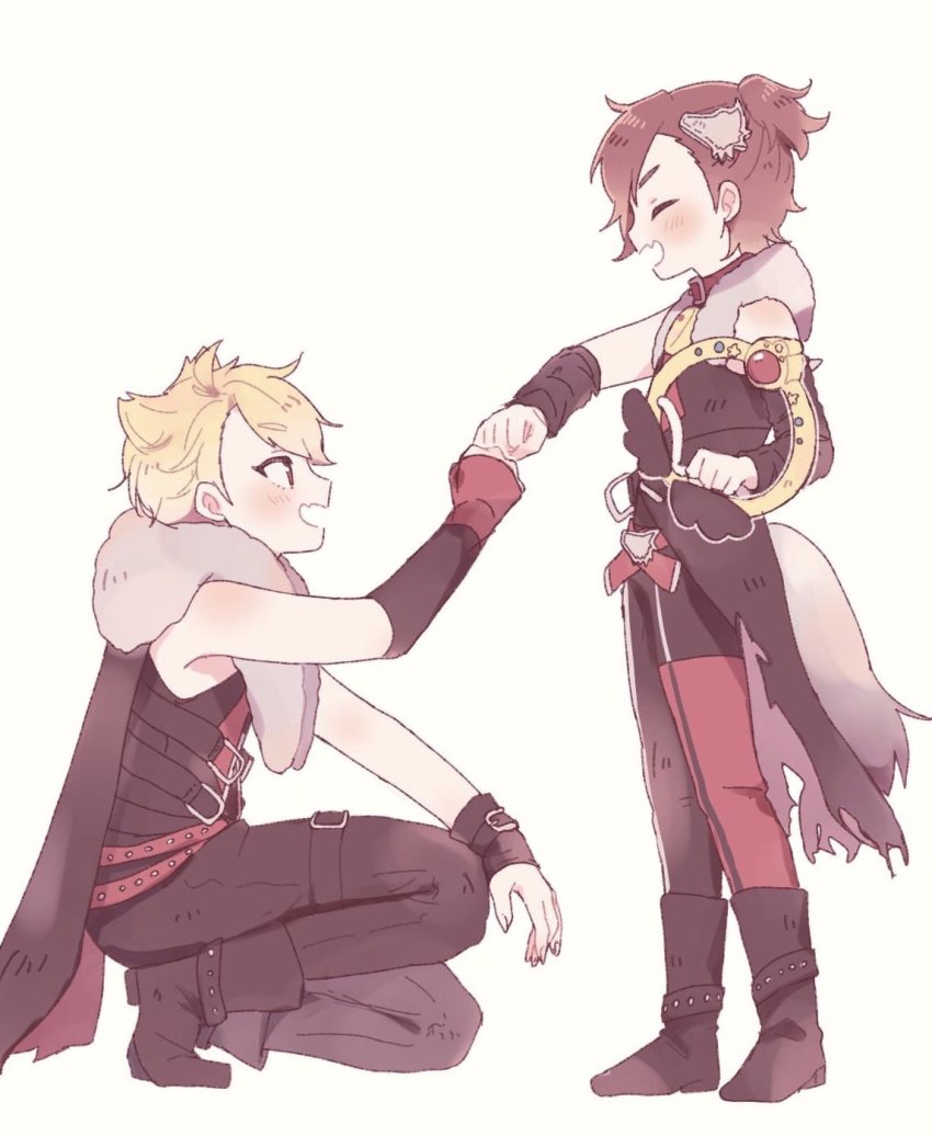 2boys, ahoge, blonde_hair, brown_hair, dog_hair_ornament, fake_tail, fist_bump, flipped_hair, hair_ornament, highres, idolmaster, idolmaster_side-m, kirameki_no_mahou_nozomira_melody, magical_boy, maita_rui, male_focus, multiple_boys, shirt, sleeveless, sleeveless_shirt, smile, squatting, tachibana_shiro_(idolmaster), tail