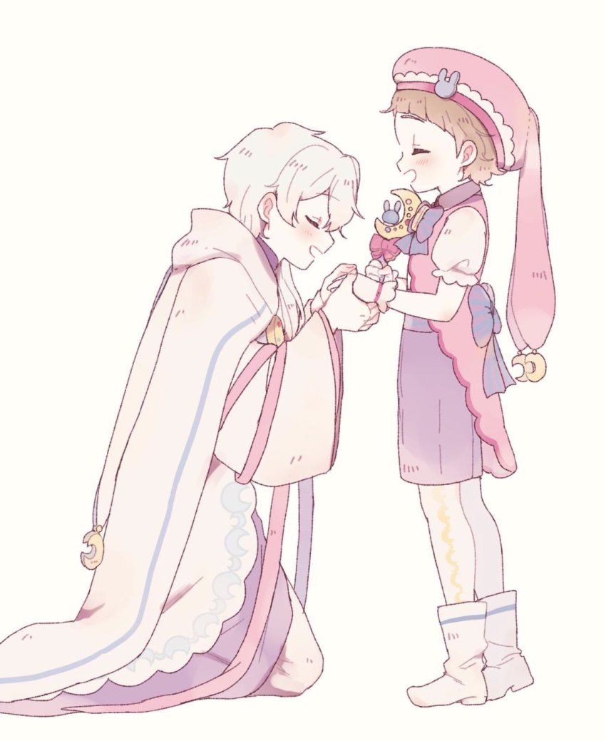 2boys, animal_hat, boots, gloves, hat, hazama_michio, highres, himeno_kanon, idolmaster, idolmaster_side-m, kirameki_no_mahou_nozomira_melody, kneeling, magical_boy, male_focus, multiple_boys, pantyhose, pink_headwear, puffy_short_sleeves, puffy_sleeves, purple_shorts, rabbit_hat, short_sleeves, shorts, simple_background, smile, wand, white_background, white_footwear, white_legwear