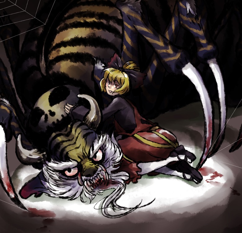 1girl, bad_id, bad_pixiv_id, blonde_hair, blood, bow, bug, female_focus