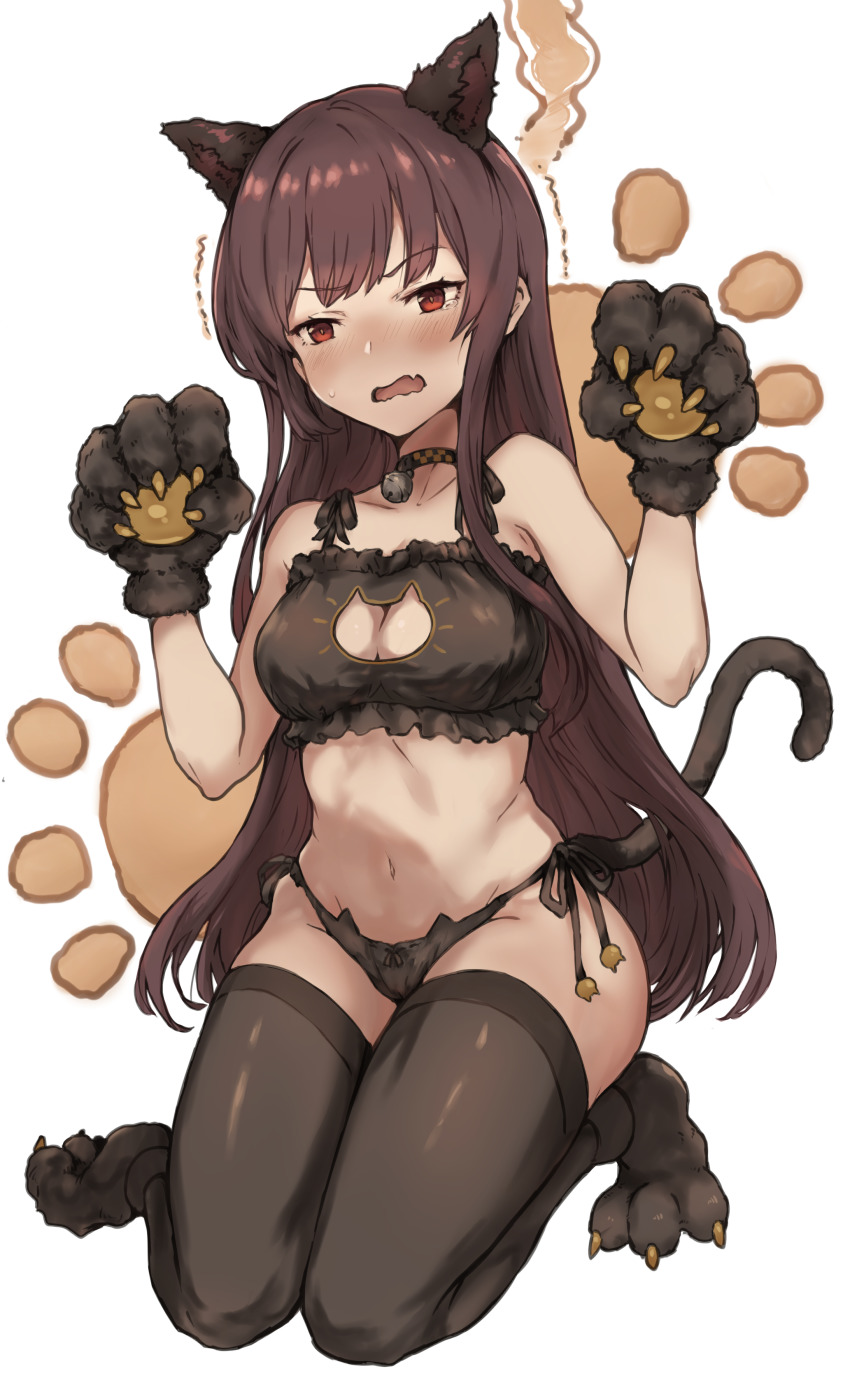 1girl, absurdres, animal_ears, animal_hands, bare_shoulders, bell, black_bra, black_panties