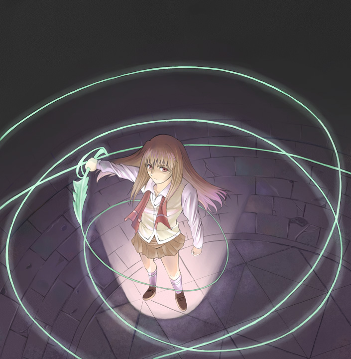 00s, 1girl, brown_hair, brown_shoes, female_focus, fujino_shizuru, mai_hime:_the_another, mai_hime_another_story, my-hime, school_uniform, serafuku, shoes, solo, weapon