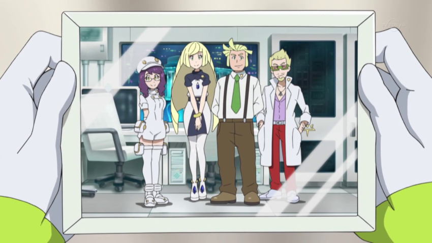 2boys, 2girls, aether_foundation_uniform, aged_down, anime_screenshot, blonde_hair, faba_(pokemon), green_eyes, lusamine_(pokemon), mohn_(pokemon), multiple_boys, multiple_girls, nintendo, pants, pantyhose, pokemon, pokemon_(anime), pokemon_the_series:_sun_&amp;_moon, purple_hair, purple_shirt, red_pants, shirt, sunglasses, thighhighs, wicke_(pokemon)