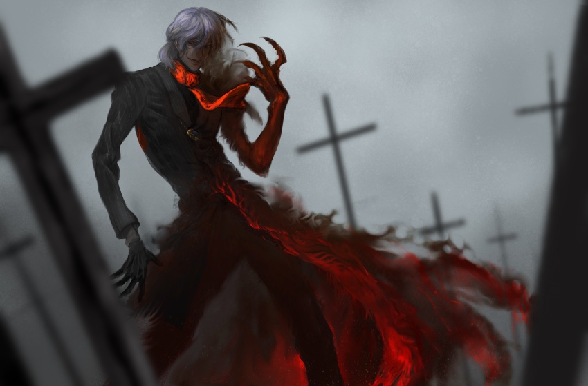 1boy, absurdres, antonio_salieri_(fate), antonio_salieri_(second_ascension)_(fate), black_gloves, claws, cross, fate/grand_order, fate_(series), gloves, grey_hair, grin, highres, jacket, jewelry, long_hair, looking_at_viewer, male_focus, mukuinu, necklace, red_eyes, scarf, smile, solo