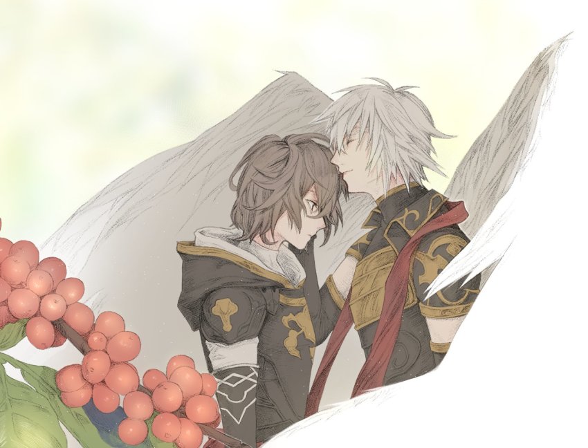 2boys, angel_wings, armor, berry, black_gloves, branch, brown_eyes, brown_hair