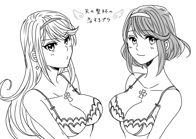 2girls, bikini, bikini_top_only, blush, breasts, closed_mouth, earrings, gem, greyscale, hair_ornament, hanamori00, headpiece, jewelry, large_breasts, lingerie, long_hair, looking_at_viewer, monochrome, multiple_girls, mythra_(xenoblade), nintendo, pyra_(xenoblade), red_eyes, red_hair, short_hair, simple_background, smile, swept_bangs, swimsuit, tiara, translation_request, underwear, very_long_hair, white_background, xenoblade_chronicles_(series), xenoblade_chronicles_2