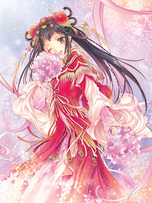 ai_x_kira, bracelet, brown_hair, dress, earrings, flower, hair_ornament, jewelry, long_hair, long_sleeves, one_eye_closed, smile, solo, standing, wink, yellow_eyes