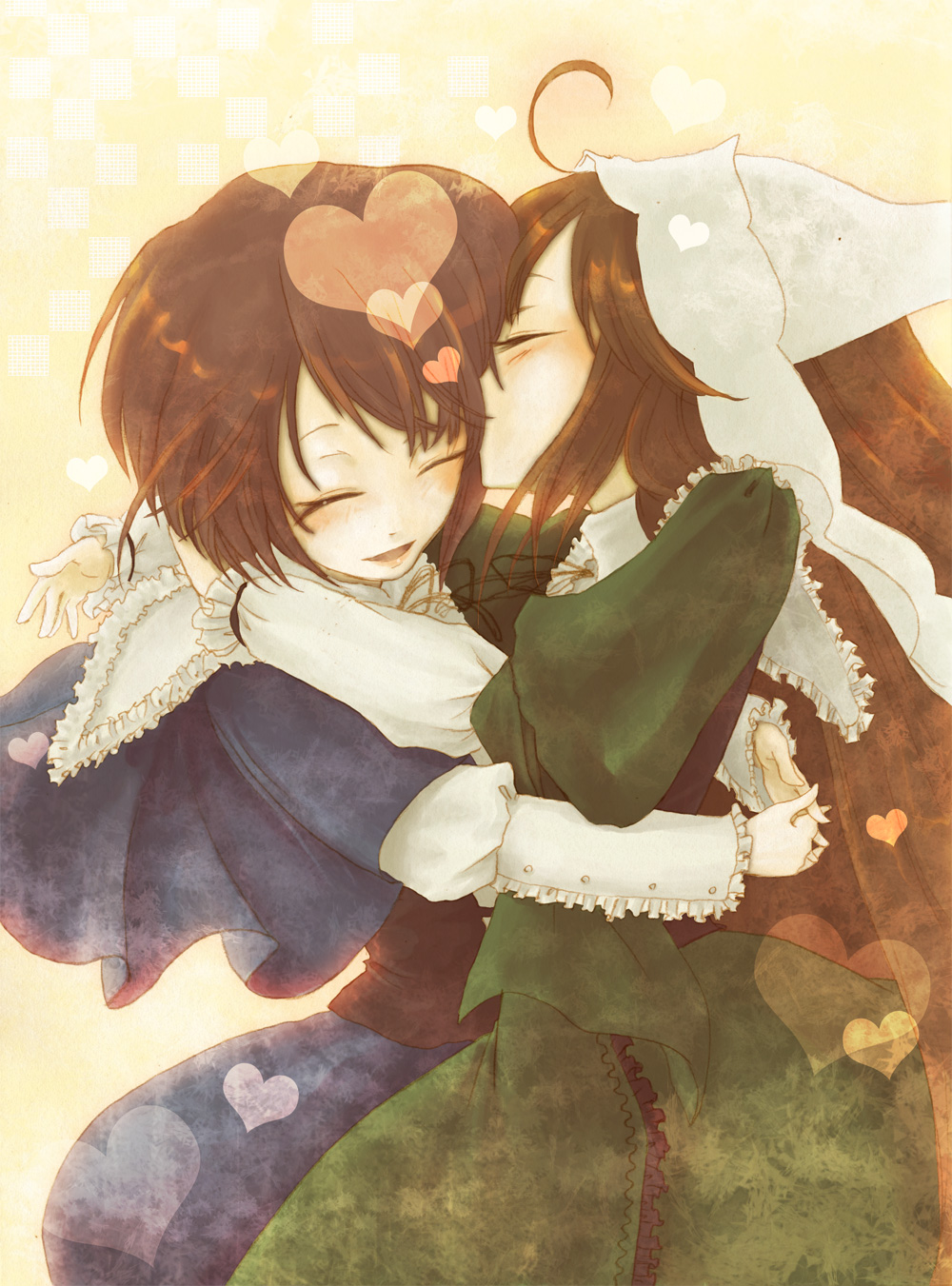 00s, 2girls, ahoge, bad_id, bad_pixiv_id, brown_hair, closed_eyes, dress