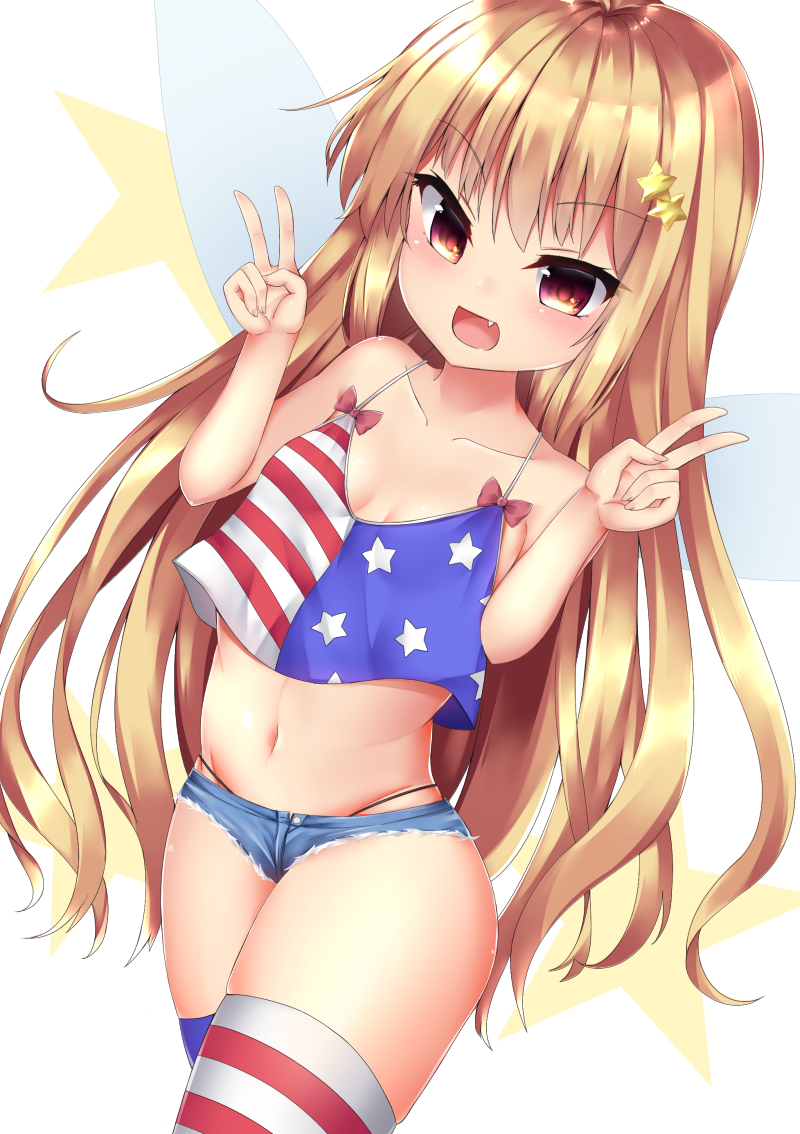 1girl, :d, adapted_costume, american_flag, american_flag_legwear, american_flag_print, bare_arms, bare_shoulders