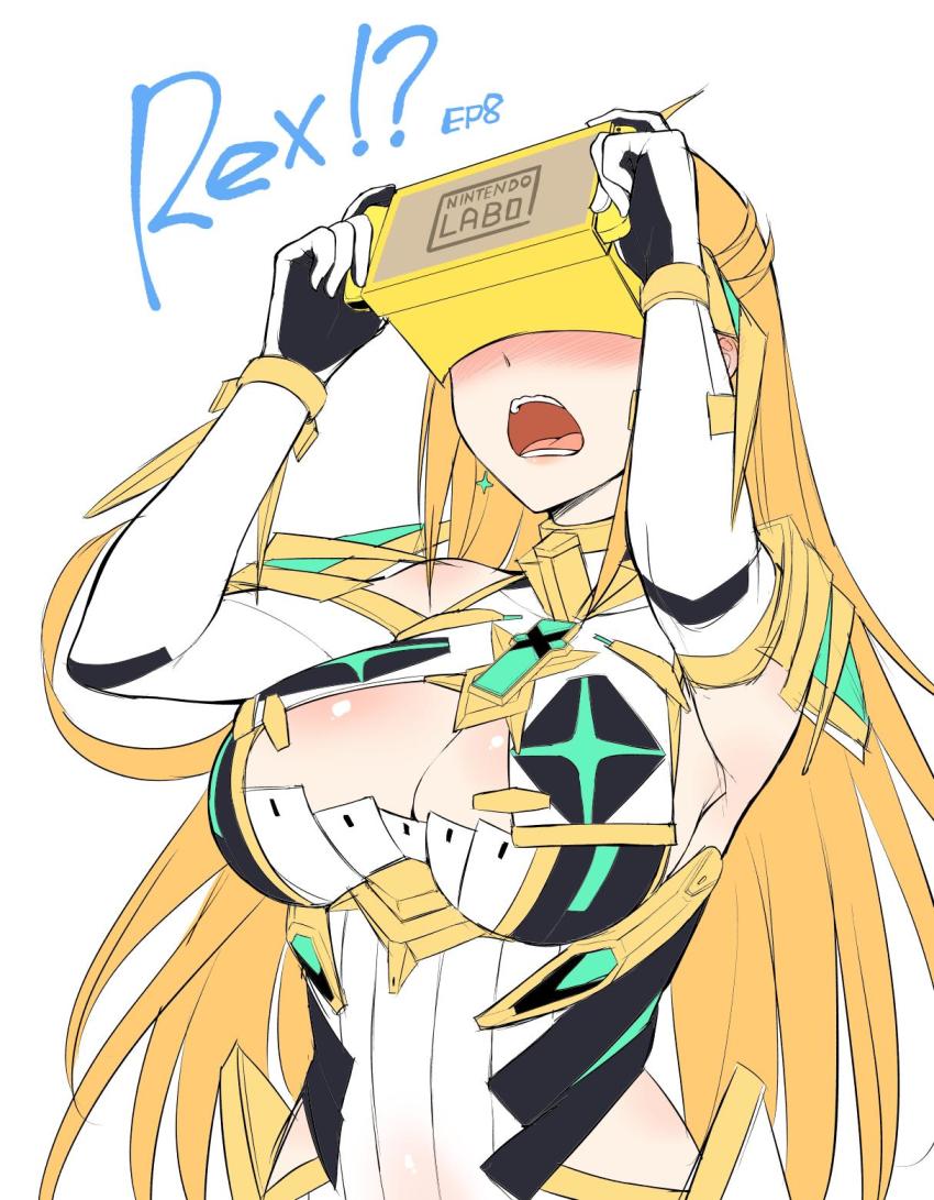 1girl, armor, blonde_hair, breasts, cleavage, cleavage_cutout, clothing_cutout, covered_navel, earrings, female_focus, floating_earrings, gem, gloves, head-mounted_display, headpiece, highres, jewelry, large_breasts, long_hair, mythra_(xenoblade), nintendo, nintendo_labo, shoulder_armor, solo, surprised, swept_bangs, thigh_strap, tiara, xenoblade_chronicles_(series), xenoblade_chronicles_2, yellow_eyes, yuuki_shin