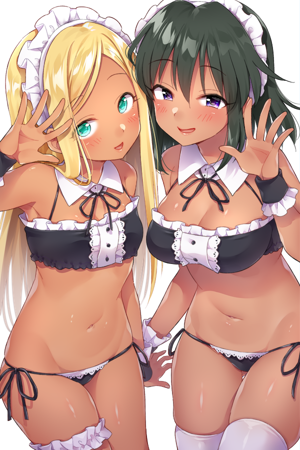 2girls, aqua_eyes, bikini, black_hair, blonde_hair, blush, breasts, collar, cowboy_shot, dark-skinned_female, dark_skin, detached_collar, frilled_thigh_strap, half-closed_eyes, hand_up, idolmaster, idolmaster_cinderella_girls, layla_(idolmaster), long_hair, looking_at_viewer, lowleg, lowleg_bikini, maid, maid_bikini, maid_headdress, medium_breasts, medium_hair, multiple_girls, natalia_(idolmaster), navel, neck_ribbon, open_mouth, open_palm, purple_eyes, ribbon, side-tie_bikini_bottom, simple_background, small_breasts, smile, smirk, strapless, swimsuit, thigh_strap, thighhighs, trente, tube_top, unconventional_maid, waving, white_background, white_collar, white_legwear, wing_collar, wrist_cuffs