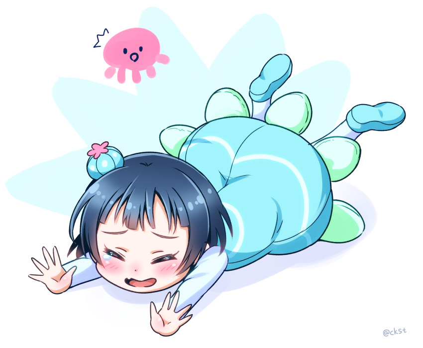 1girl, ^^^, aged_down, blue_dress, blue_footwear, blue_hair, blue_legwear, blush, bun_cover, child, ckst, closed_eyes, commentary_request, dress, fallen_down, fang, female_focus, highres, jellyfish, jellyfish_costume, long_sleeves, love_live!, love_live!_school_idol_festival, love_live!_sunshine!!, open_mouth, outstretched_arms, short_hair, skin_fang, solo, tearing_up, tsushima_yoshiko, twitter_username
