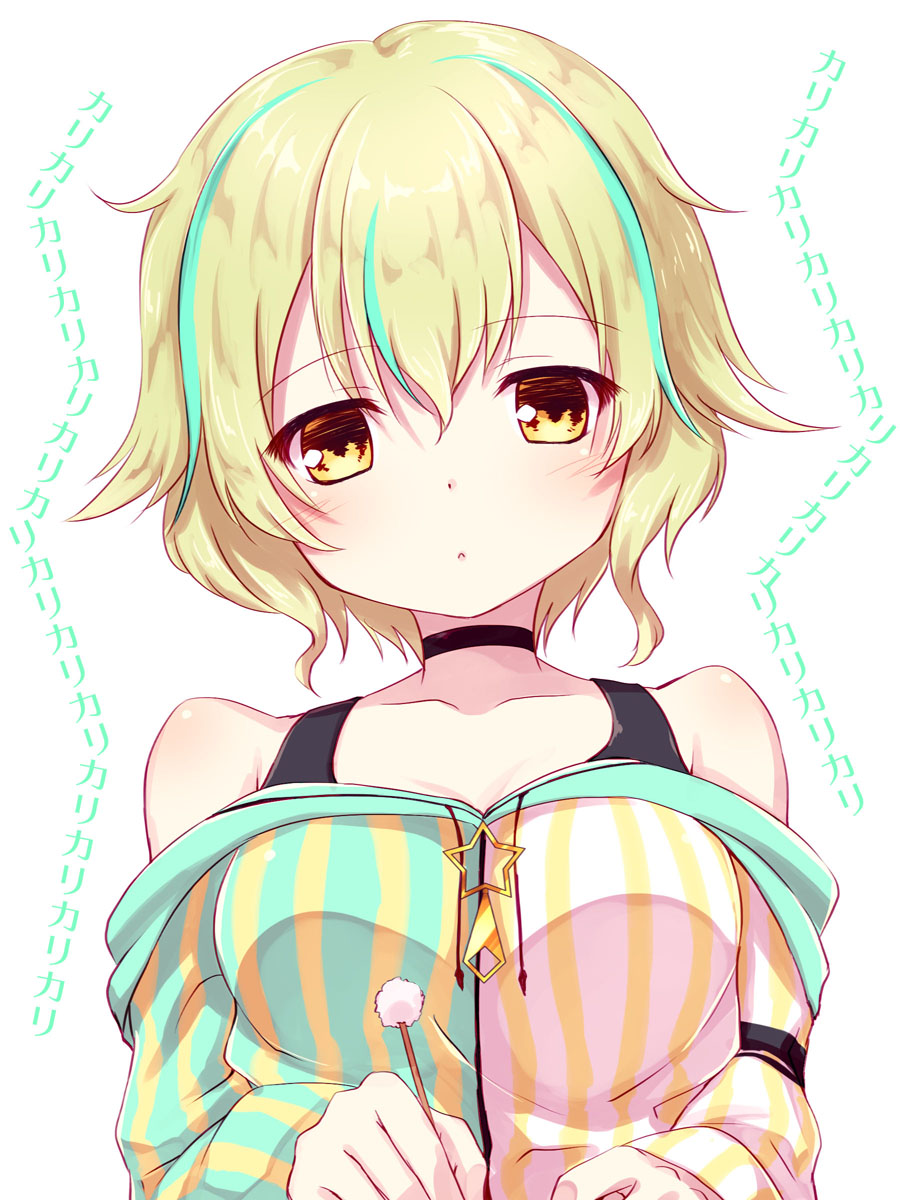 1girl, black_choker, blonde_hair, blush, breasts, brown_eyes, character_request, choker