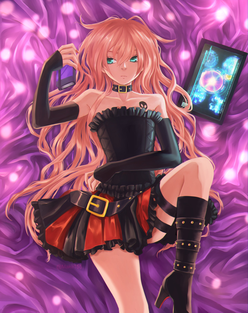 1boy, aqua_eyes, bare_shoulders, blonde_hair, boots, choker, crossdressing, crossdressing_(mtf), gatchaman_crowds, hair_down, high_heel_boots, high_heels, highres, long_hair, makii155, male_focus, nail_polish, ninomiya_rui, on_bed, skirt, solo, tattoo, thigh_strap, trap, very_long_hair