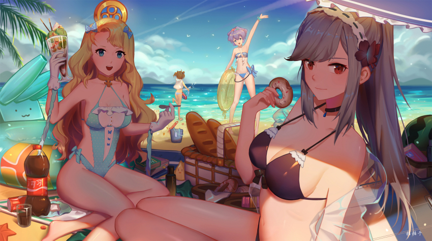 4girls, azur_lane, baguette, beach_umbrella, bikini, blonde_hair, blue_eyes, bottle
