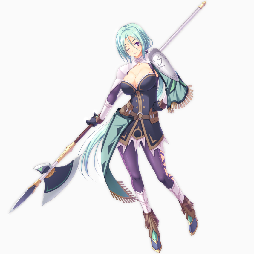 1girl, aqua_hair, armor, belt, black_gloves, blue_boots, boots, breasts, cleavage, cleavage_cutout, clothing_cutout, dress, falcom, female_focus, frieda_(ys), full_body, gloves, hair_between_eyes, halberd, hand_on_own_hip, large_breasts, lips, long_hair, long_sleeves, miyai_sen, one_eye_closed, pantyhose, polearm, ponytail, purple_eyes, purple_pantyhose, short_dress, shoulder_armor, shrug_(clothing), simple_background, smile, solo, weapon, white_background, ys, ys:_memories_of_celceta