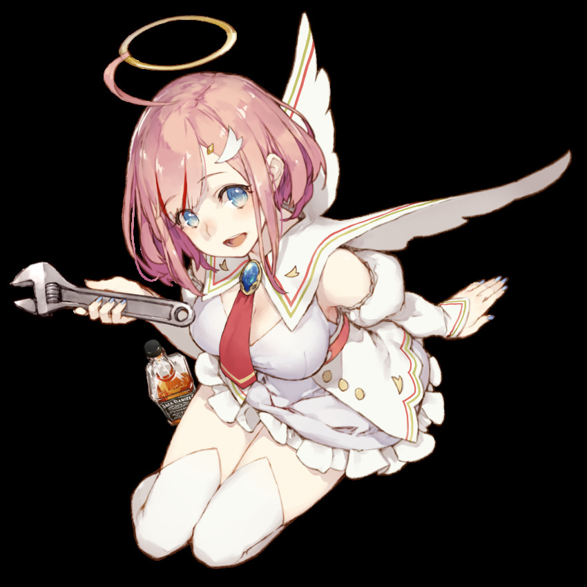 1girl, :d, ahoge, alcohol, amano_hikari, arm_support, blue_eyes, blue_nails