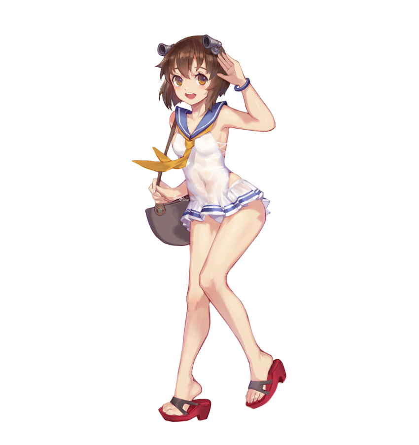 1girl, bag, bare_shoulders, blush, brown_eyes, brown_hair, casual_one-piece_swimsuit, collarbone