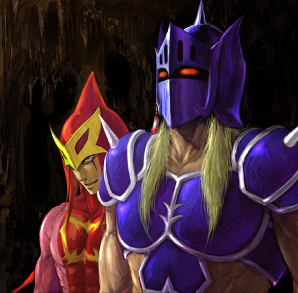 2boys, blonde_hair, kevin_mask, kinnikuman, kinnikuman_nisei, male_focus, mask, multiple_boys, scar, scarface