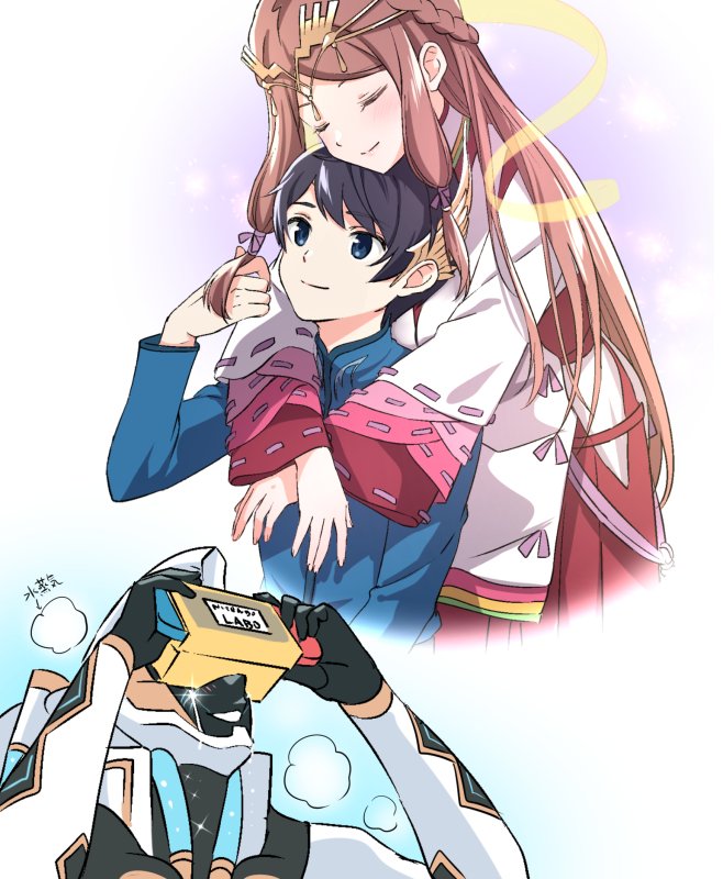 1girl, 2boys, aegaeon_(xenoblade), armor, blush, closed_eyes, collarbone, couple