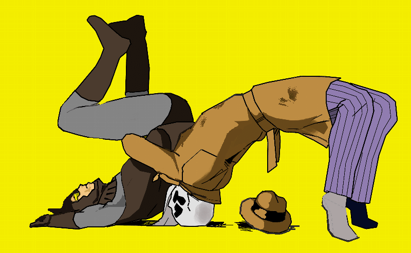 2boys, bad_id, bad_pixiv_id, boots, coat, color_background, dc_comics, fedora