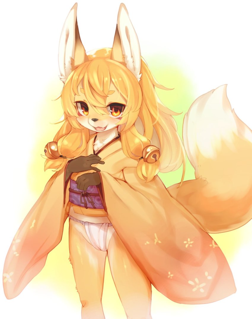 1girl, borrowed_character, brown_eyes, female_focus, furry, furry_female, furugitsune_(character), highres, japanese_clothes, lo_liero, long_hair, orange_hair, panties, solo, underwear