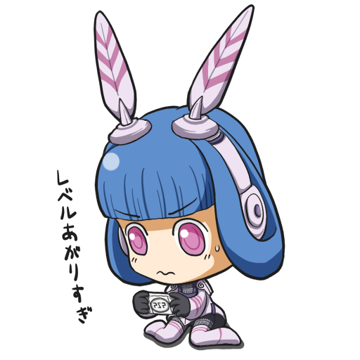 1girl, alfa_system, android, black_gloves, blue_hair, blunt_bangs, boots, chibi